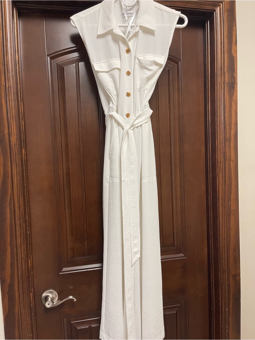 Sleeveless White Maxi Shirt Dress with Waist Tie